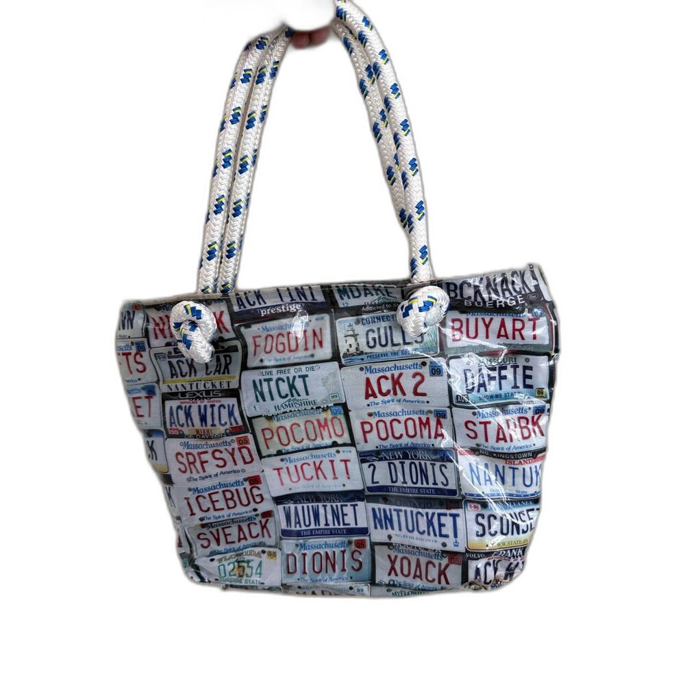 Tricia Deck License Plate Tote‎ Women Med Multicolor Excellent Nautical Rope Bag